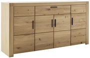Holz-Sideboard mit mehreren Schubladen und Türen, frontal fotografiert