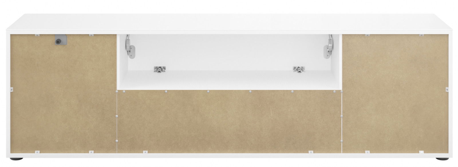 Rückansicht eines TV-Lowboards mit zwei geschlossenen Fächern und einem offenen Fach in der Mitte.