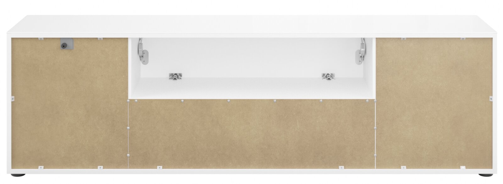 Rückansicht eines TV-Lowboards mit zwei geschlossenen Fächern und einem offenen Fach in der Mitte.