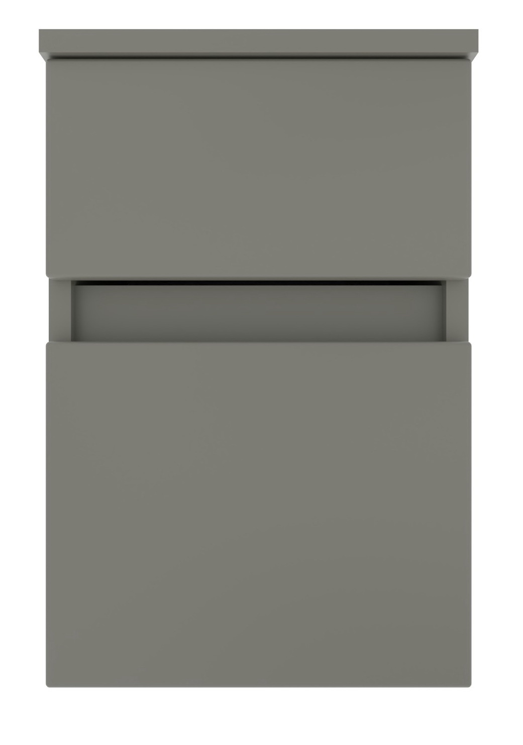 Grauer Unterschrank mit zwei Schubladen, Frontalansicht