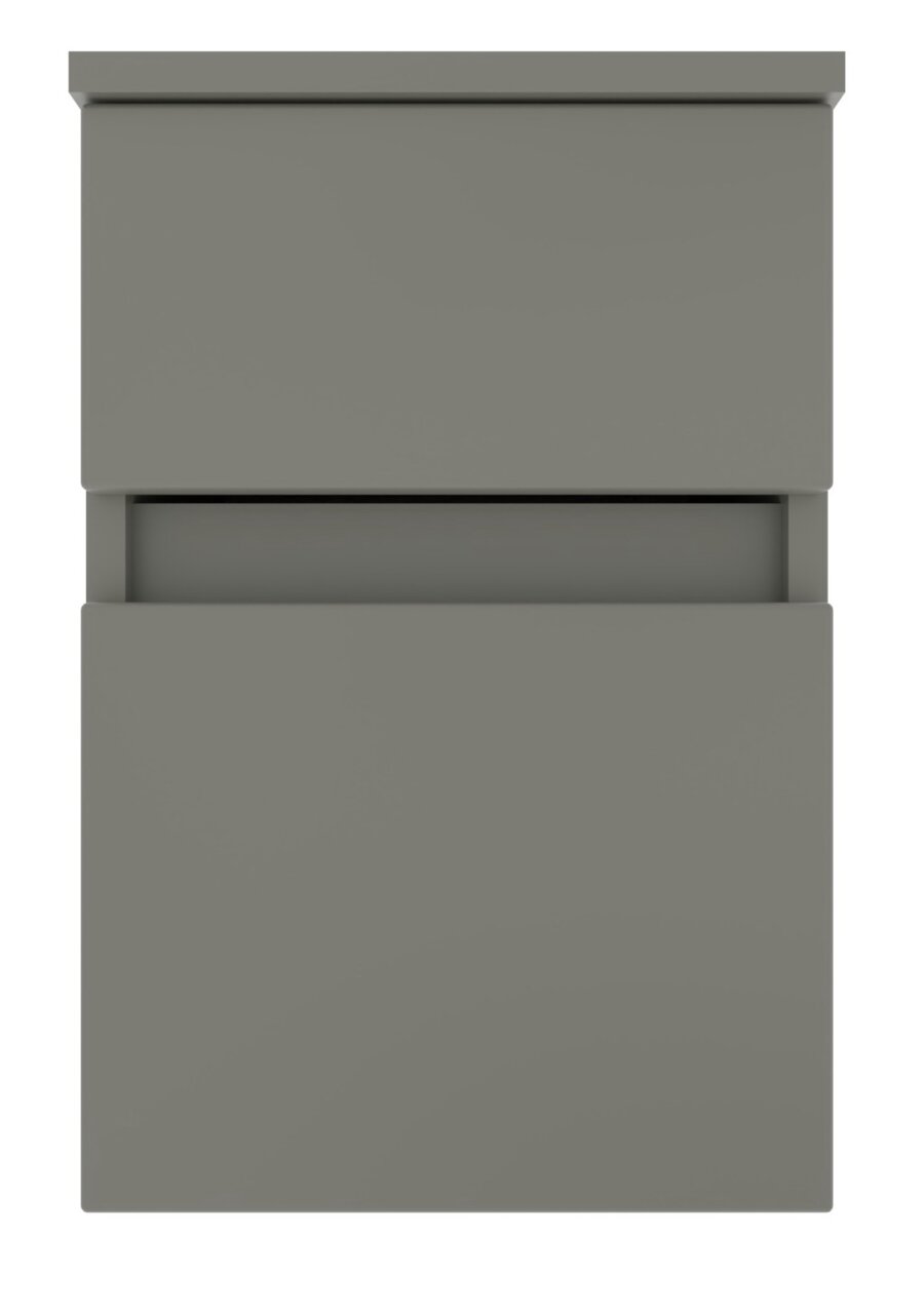 Grauer Unterschrank mit zwei Schubladen, Frontalansicht