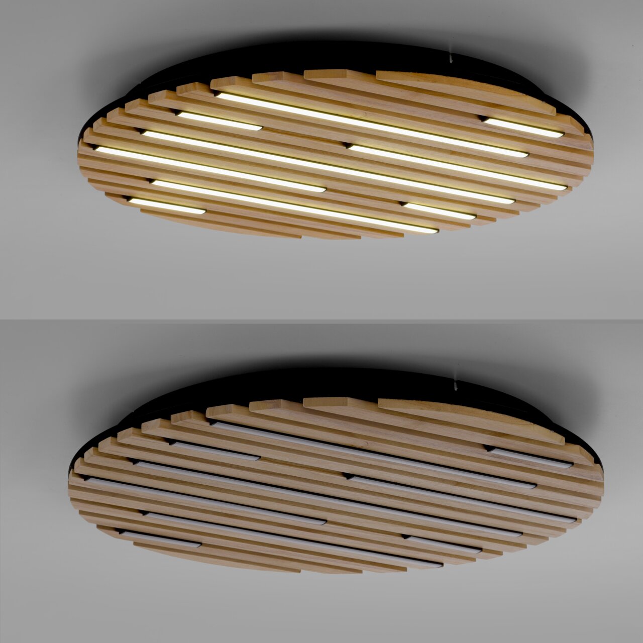 Moderne Wand- und Deckenleuchte Q-AKUSTIK von Paul Neuhaus in Holzoptik, seitliche Perspektive