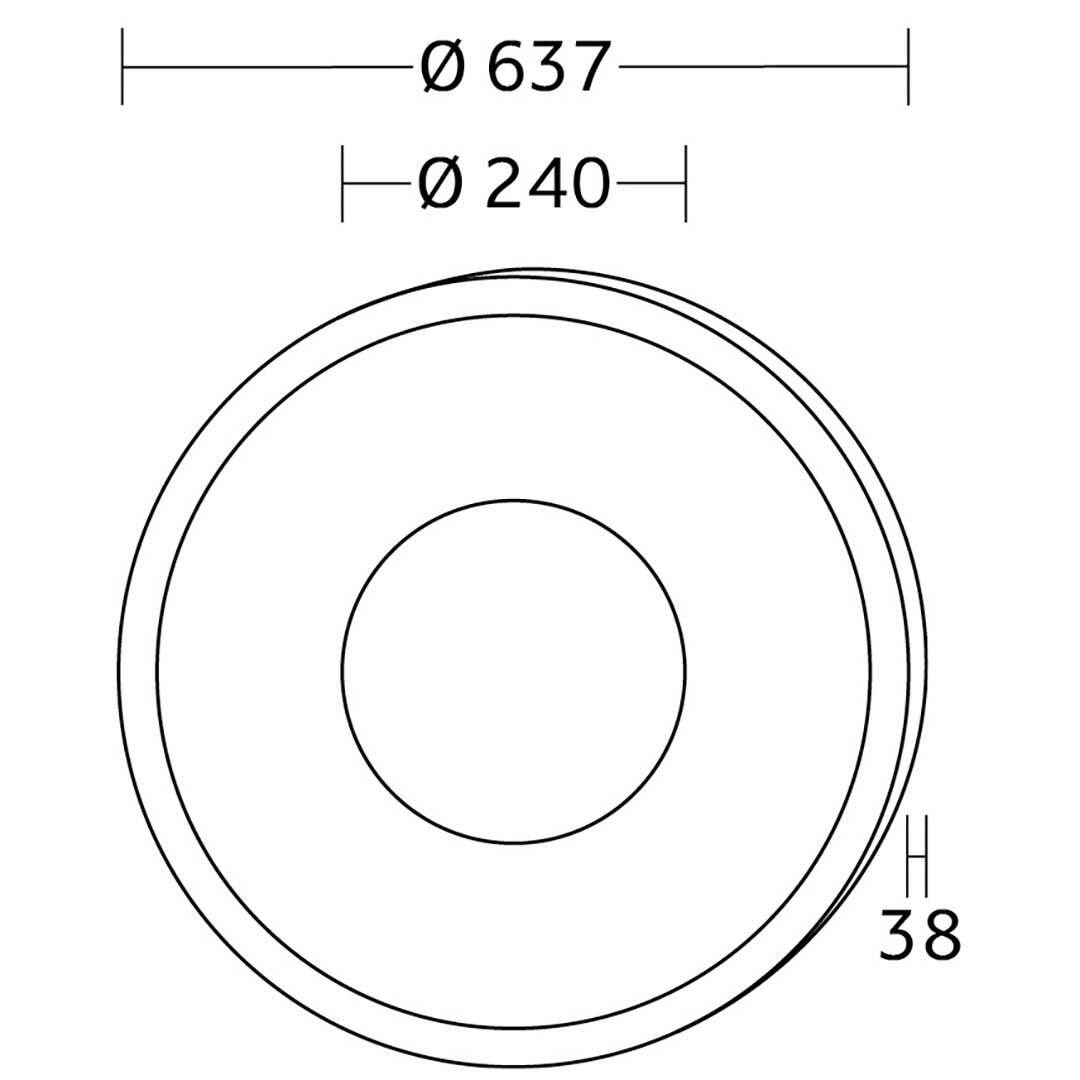 Technische Zeichnung einer runden LED-Deckenleuchte mit einem Durchmesser von 637 mm und einer Höhe von 38 mm, Draufsicht.