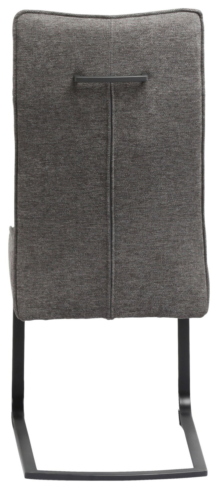 Rückansicht eines grauen Freischwinger-Stuhls mit Metallgestell und Griffleiste am Rücken.