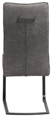 Rückansicht eines grauen Freischwinger-Stuhls mit Metallgestell und Griffleiste am Rücken.