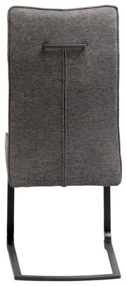 Rückansicht eines grauen Freischwinger-Stuhls mit Metallgestell und Griffleiste am Rücken.