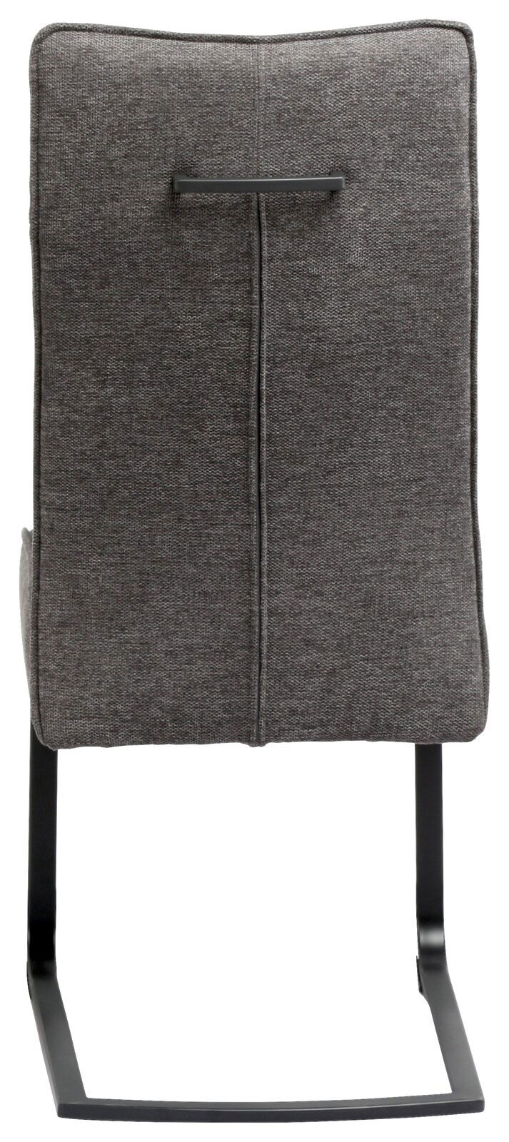 Rückansicht eines grauen Freischwinger-Stuhls mit Metallgestell und Griffleiste am Rücken.