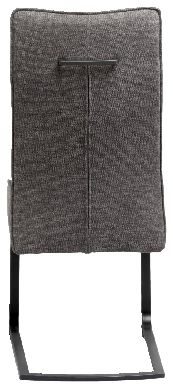 Rückansicht eines grauen Freischwinger-Stuhls mit Metallgestell und Griffleiste am Rücken.