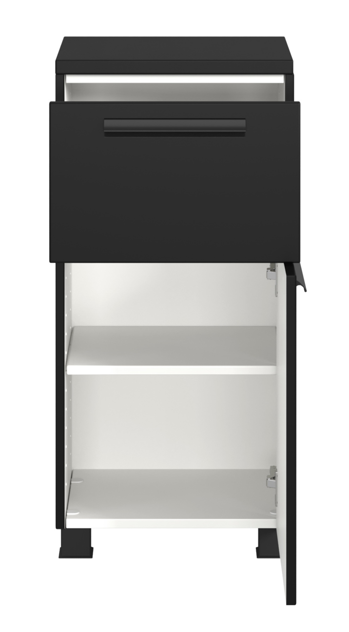 Schwarzer Unterschrank mit einer Schublade und einer offenen Tür, Frontansicht