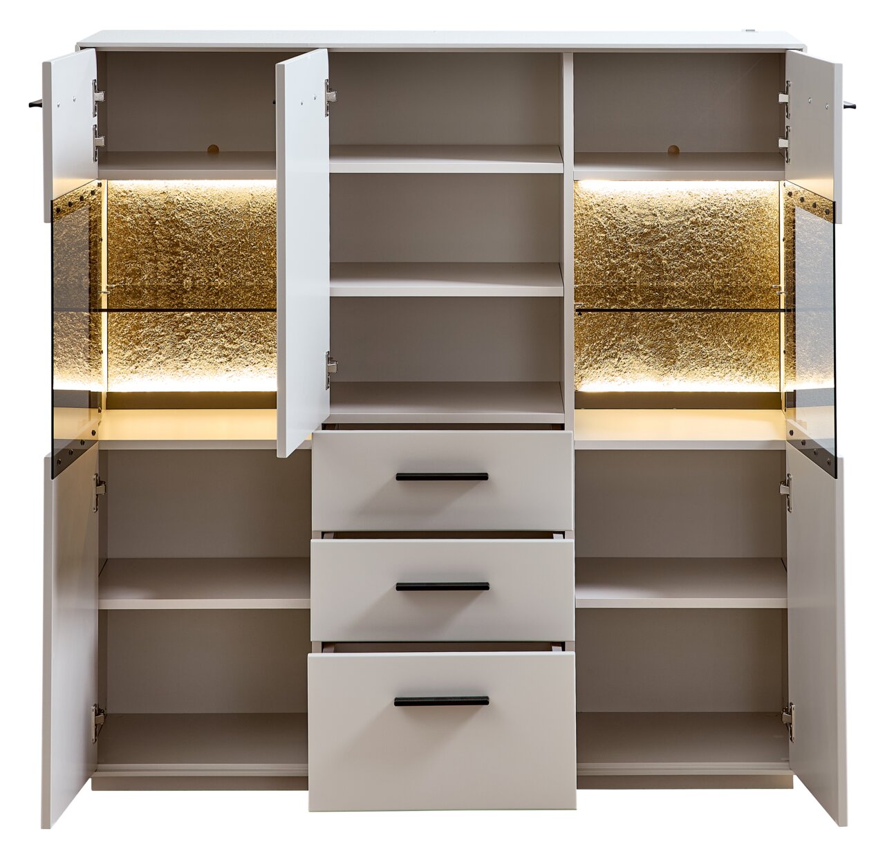 Frontansicht eines modernen Highboards mit offenen Türen und Schubladen, beleuchteten Fächern und elegantem Design.