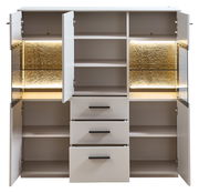 Frontansicht eines modernen Highboards mit offenen Türen und Schubladen, beleuchteten Fächern und elegantem Design.