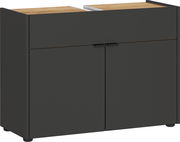 Moderner Waschbeckenunterschrank in dunklem Design mit Holzoberfläche, Frontalansicht