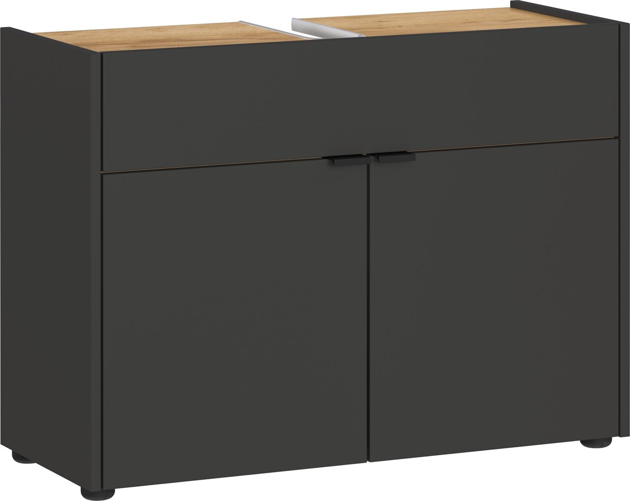 Moderner Waschbeckenunterschrank in dunklem Design mit Holzoberfläche, Frontalansicht