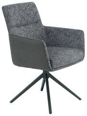 Grauer Armlehnstuhl mit gepolstertem Sitz und Rückenlehne, seitliche Perspektive