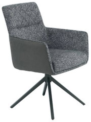 Grijze fauteuil met gestoffeerde zitting en rugleuning, zijaanzicht