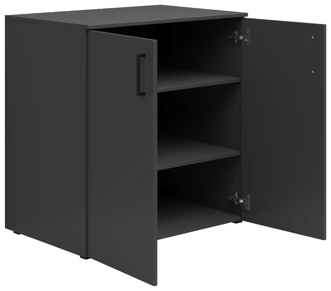 Schwarze Kommode mit zwei offenen Türen und drei Regalböden, Perspektive von vorne links
