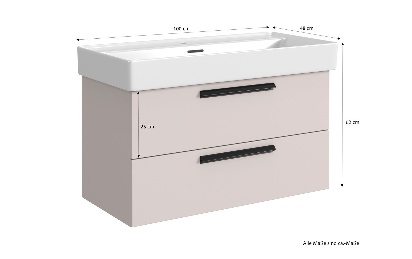 Waschtisch-Set mit zwei Schubladen, Frontansicht, Maße: 100 cm Breite, 48 cm Tiefe, 62 cm Höhe