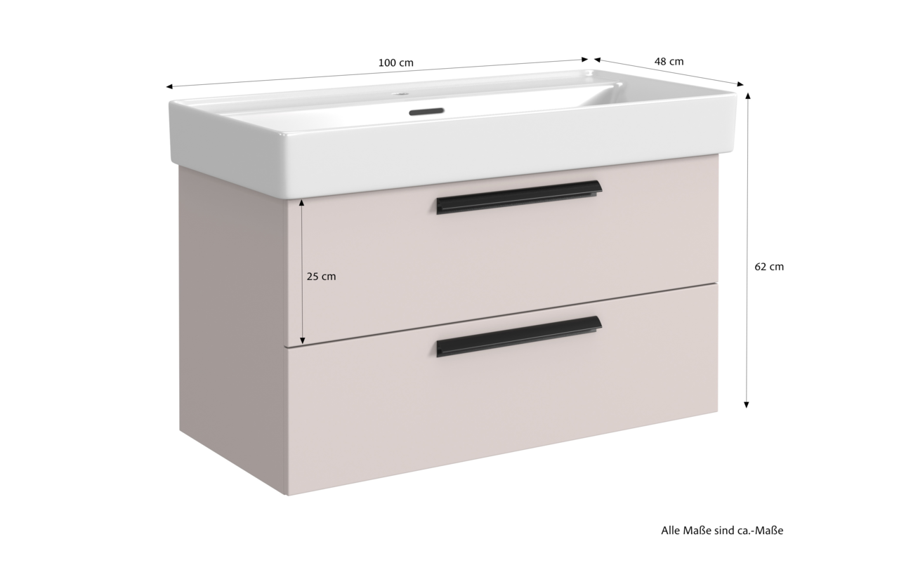 Waschtisch-Set mit zwei Schubladen, Frontansicht, Maße: 100 cm Breite, 48 cm Tiefe, 62 cm Höhe