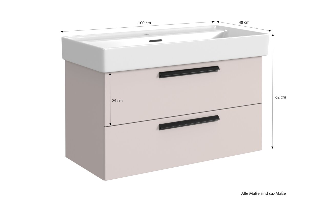 Waschtisch-Set mit zwei Schubladen, Frontansicht, Maße: 100 cm Breite, 48 cm Tiefe, 62 cm Höhe