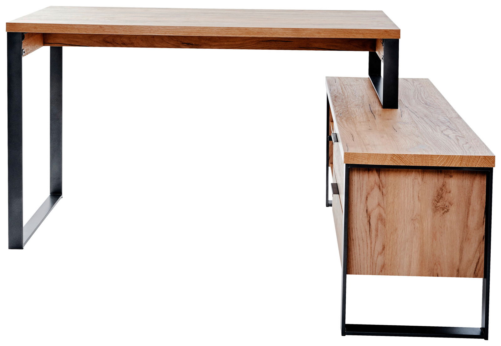 Moderner Eck-Schreibtisch aus Holz mit schwarzem Metallgestell, seitliche Perspektive.