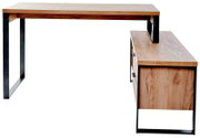Moderner Eck-Schreibtisch aus Holz mit schwarzem Metallgestell, seitliche Perspektive.