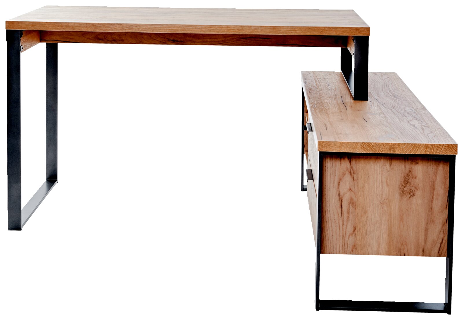 Modern houten hoekbureau met zwart metalen onderstel, zijaanzicht.