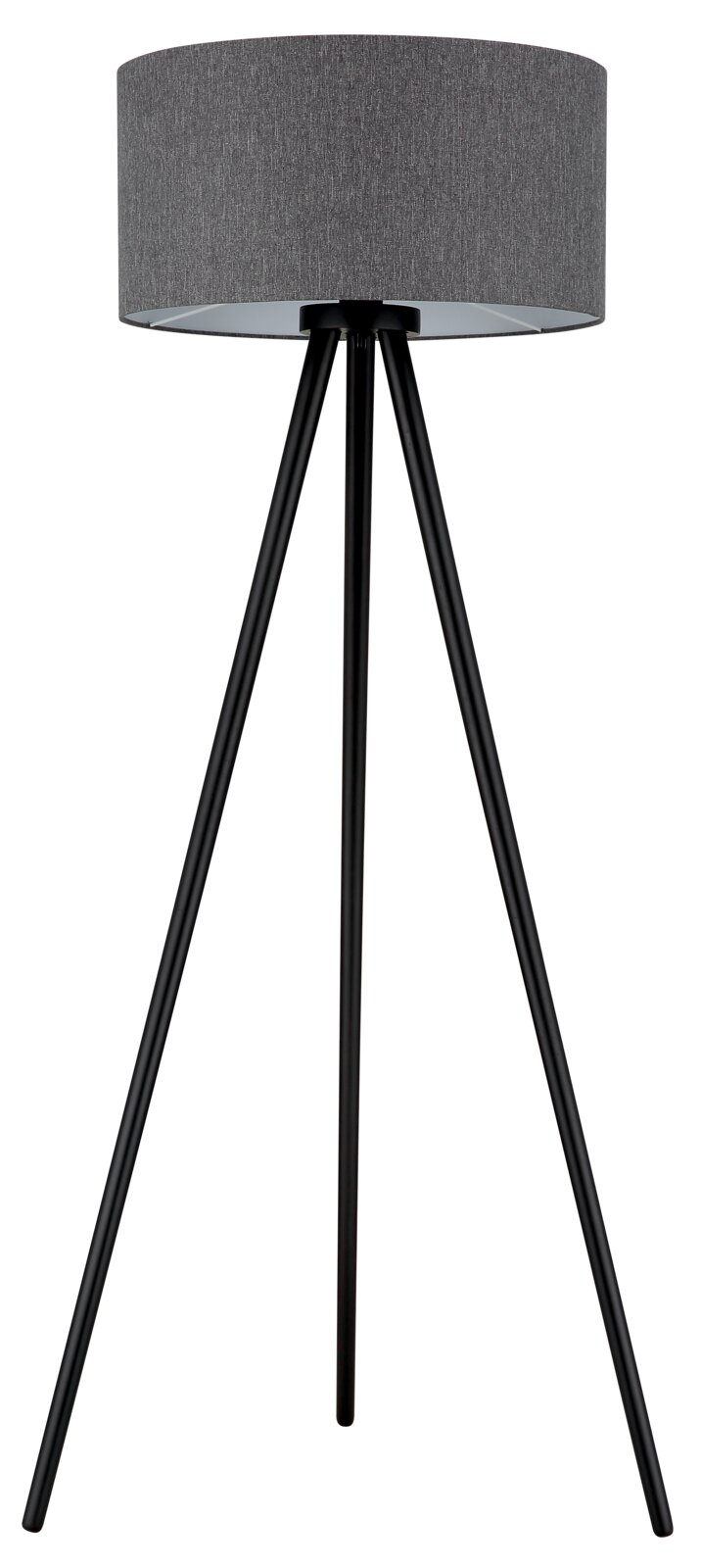 Moderne Stehlampe mit grauem Stoff-Lampenschirm und schwarzem Dreibein-Gestell, freigestellt auf weißem Hintergrund, Frontalansicht