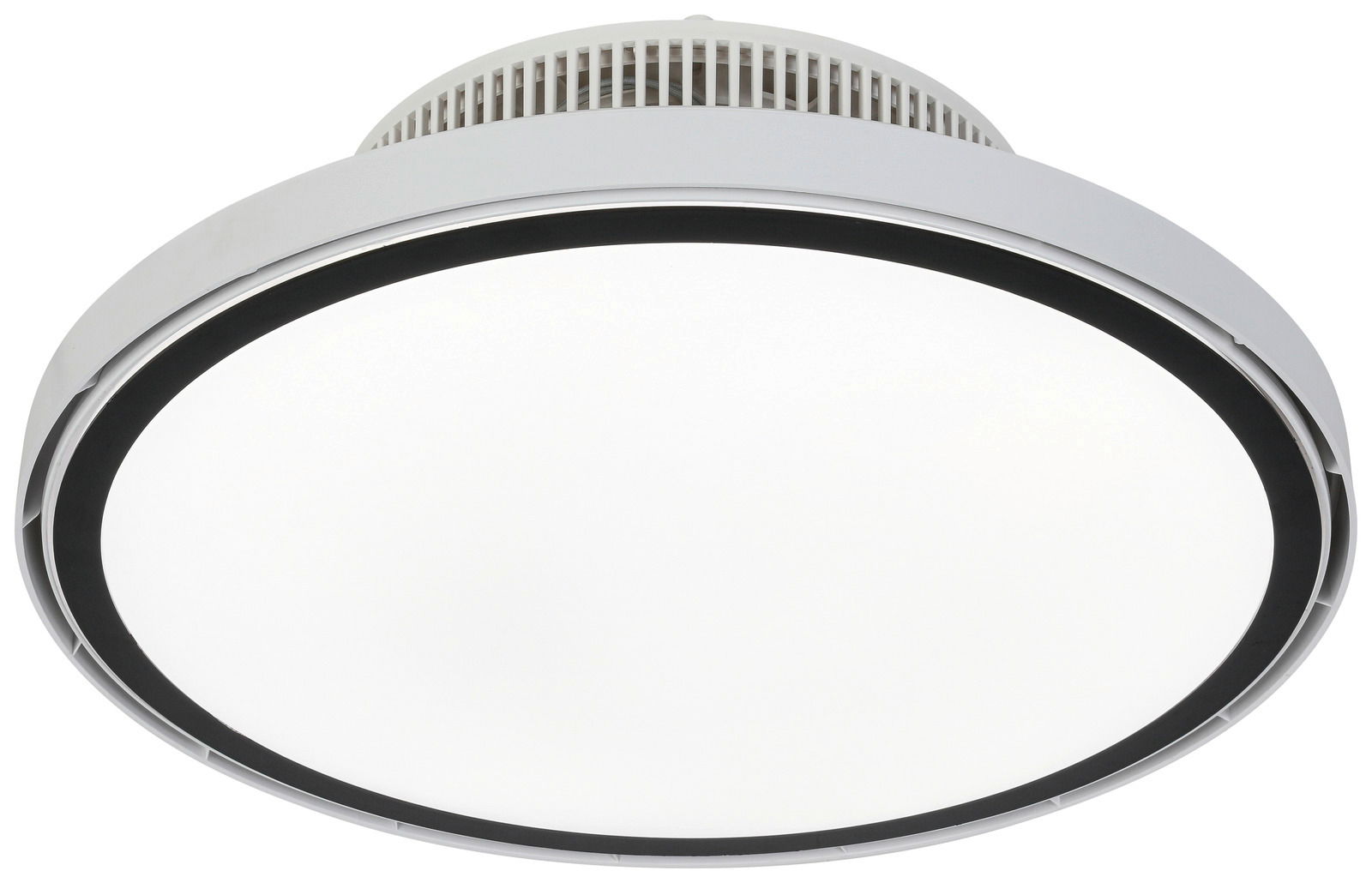 Moderner Deckenventilator mit integrierter Beleuchtung, seitliche Perspektive