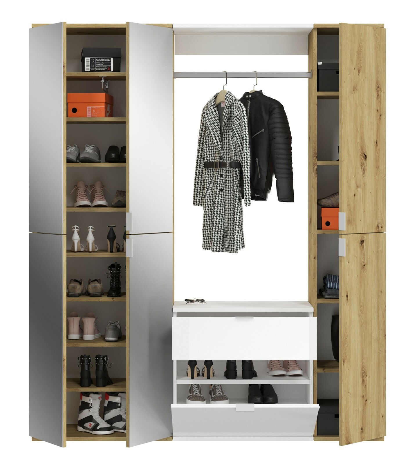 Garderobenkombination mit offenen und geschlossenen Fächern, Kleiderstange mit Jacken und Mantel, sowie Schuhregalen. Frontalansicht.