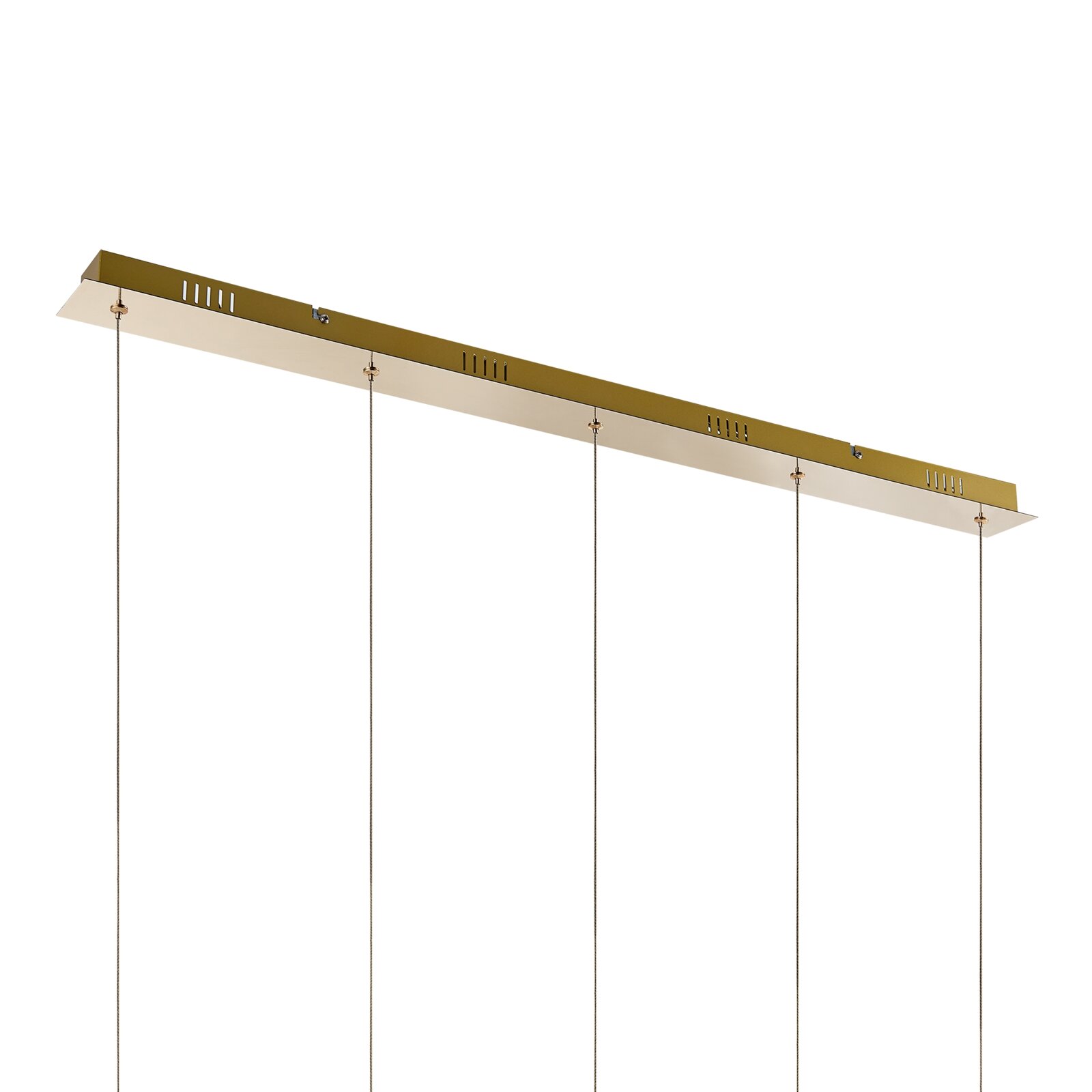 Moderne LED-Hängeleuchte in seitlicher Perspektive mit schlankem, rechteckigem Design und vier dünnen Aufhängungen.