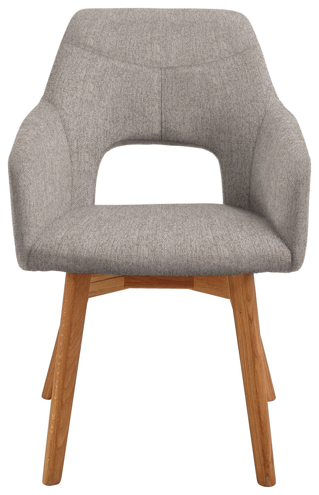 Moderner grauer Sessel mit Holzbeinen, Frontalansicht