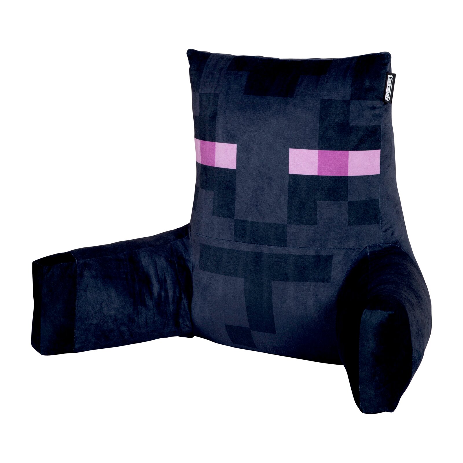 Minecraft Enderman Sitzkissen mit Armlehnen in Schwarz mit violetten Augen, freigestellt auf weißem Hintergrund, Ansicht schräg von vorne