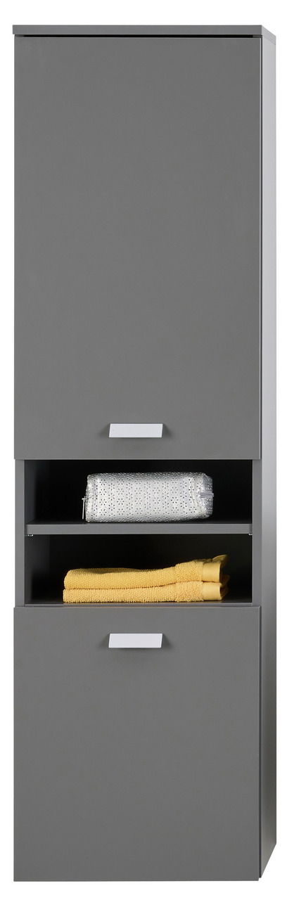 Stylife Hochschrank MONA Grauer Hochschrank mit zwei Türen und einem offenen Fach in der Mitte, frontal abgebildet. Im offenen Fach befinden sich ein silbernes Täschchen und gelbe Handtücher.