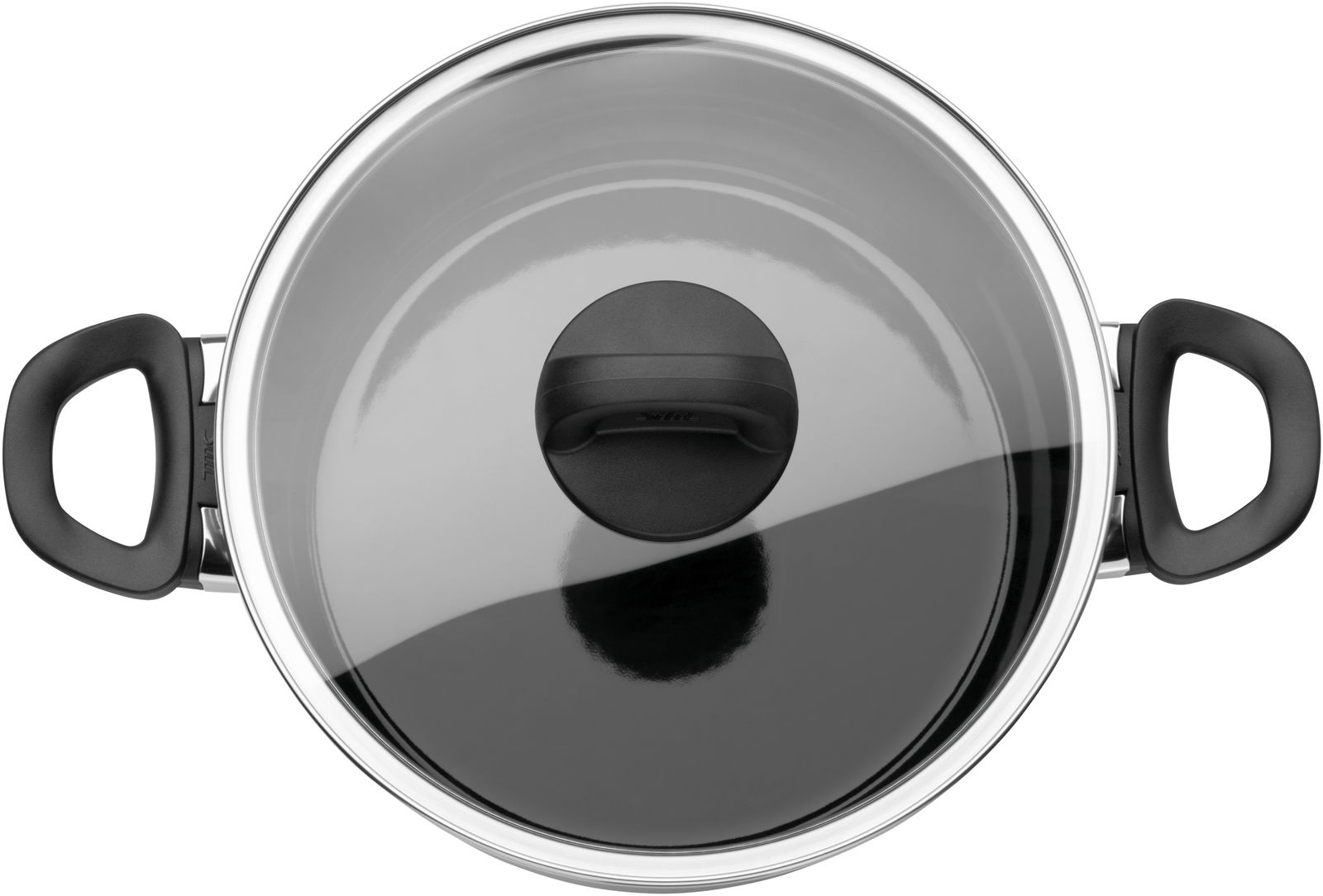 Topf mit Glasdeckel und schwarzen Griffen, Ansicht von oben