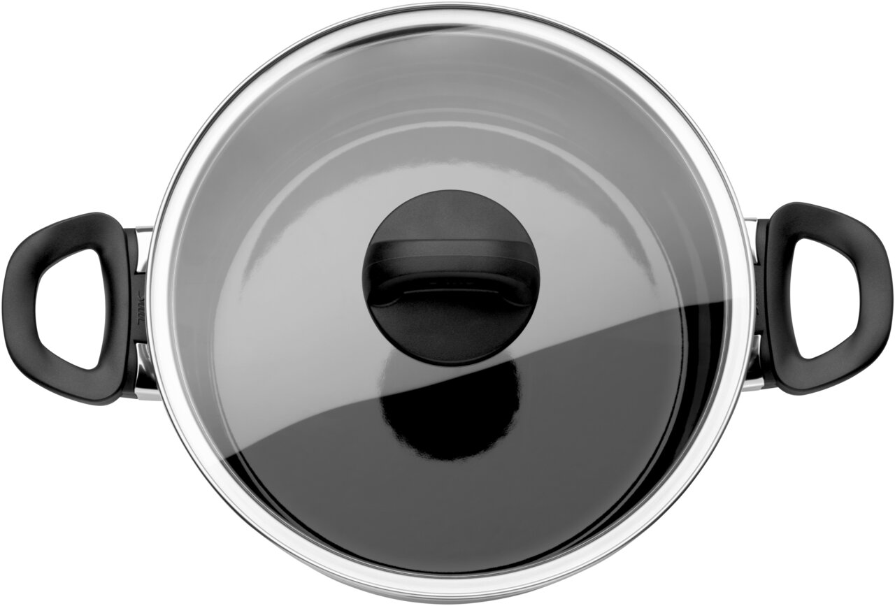 Topf mit Glasdeckel und schwarzen Griffen, Ansicht von oben