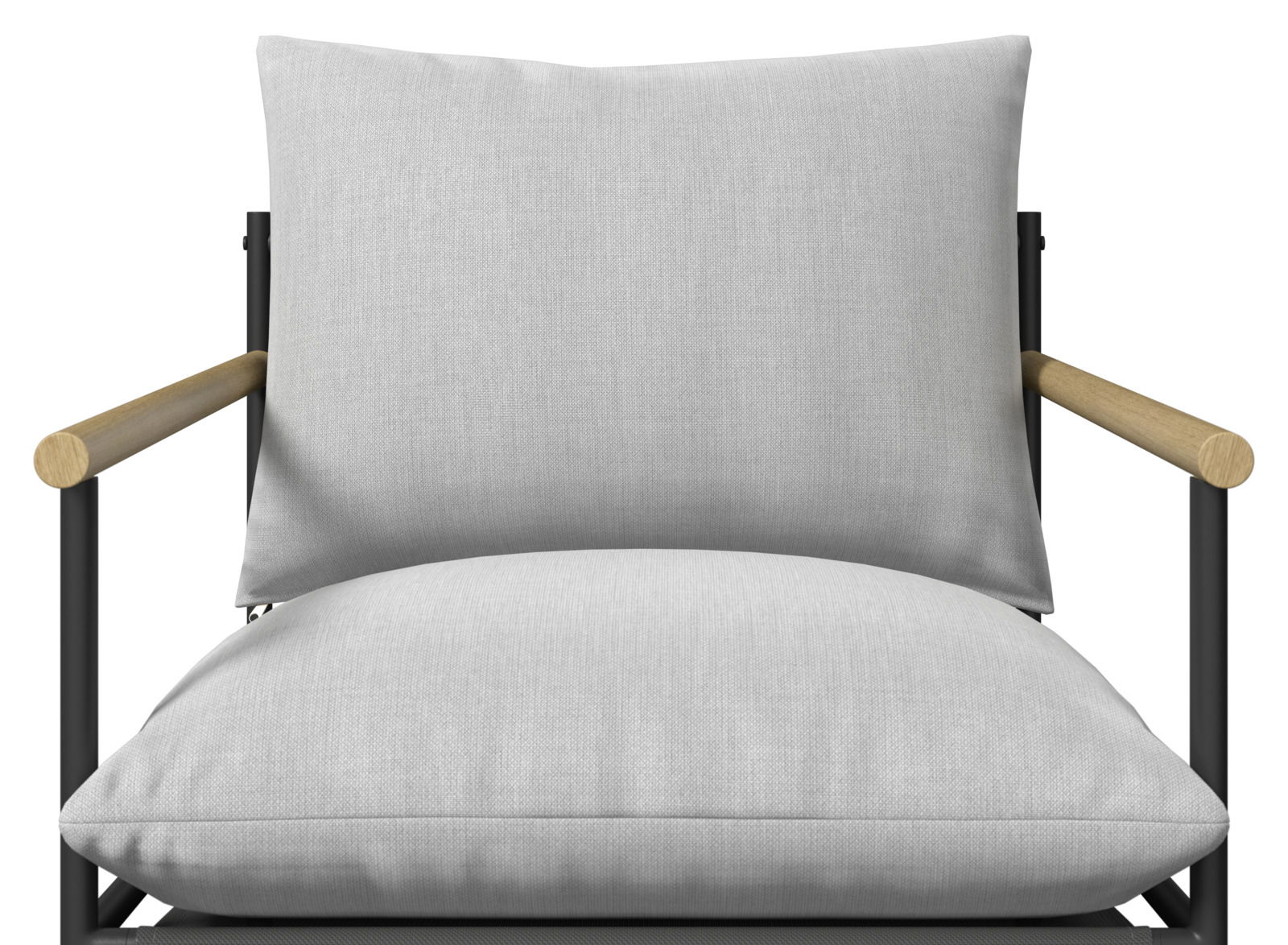 Vorderansicht eines modernen Gartenstuhls mit grauen Kissen und Holzarmlehnen.
