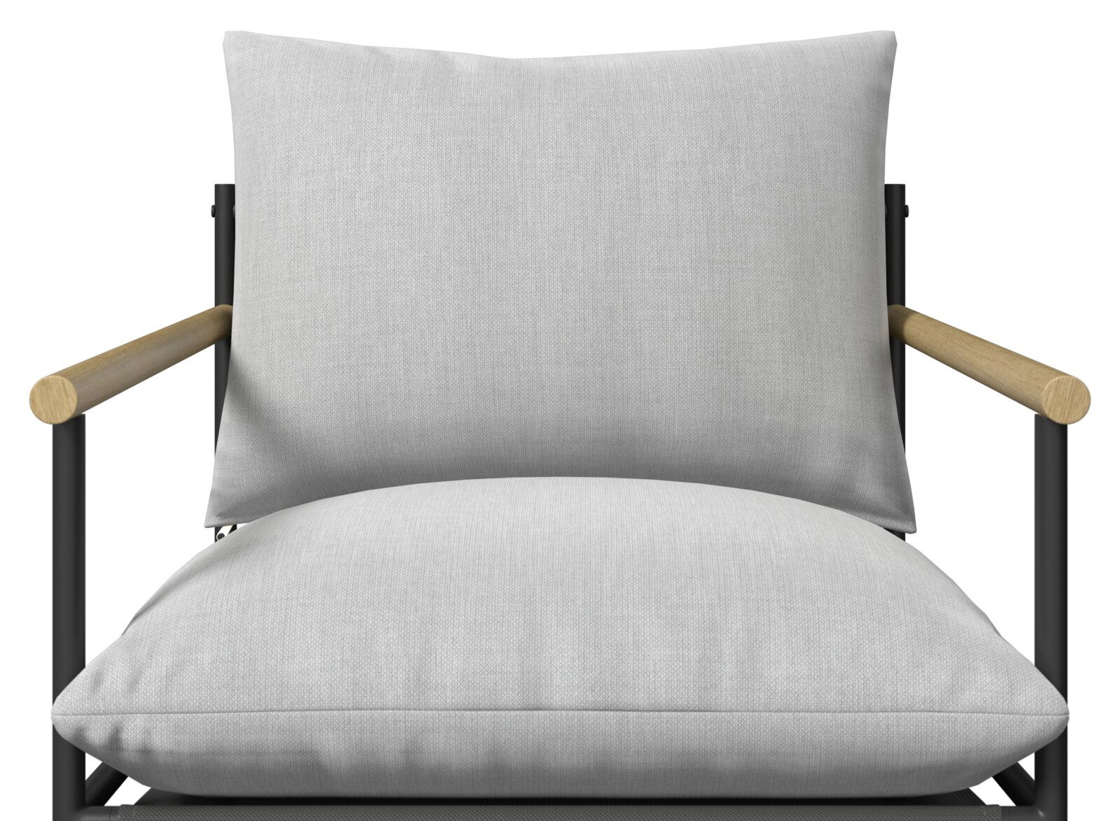Vorderansicht eines modernen Gartenstuhls mit grauen Kissen und Holzarmlehnen.