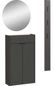 Garderobe Set bestehend aus einem runden Spiegel, einem schmalen, hohen Paneel mit Haken und einem zweitürigen Schrank in dunkler Farbe, frontal abgebildet.