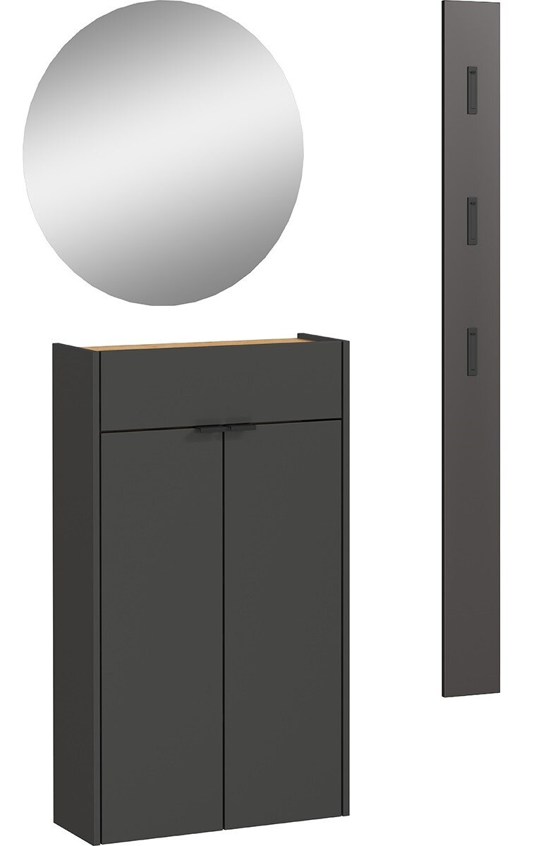 Garderobe Set bestehend aus einem runden Spiegel, einem schmalen, hohen Paneel mit Haken und einem zweitürigen Schrank in dunkler Farbe, frontal abgebildet.