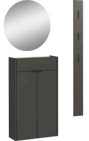 Garderobe Set bestehend aus einem runden Spiegel, einem schmalen, hohen Paneel mit Haken und einem zweitürigen Schrank in dunkler Farbe, frontal abgebildet.