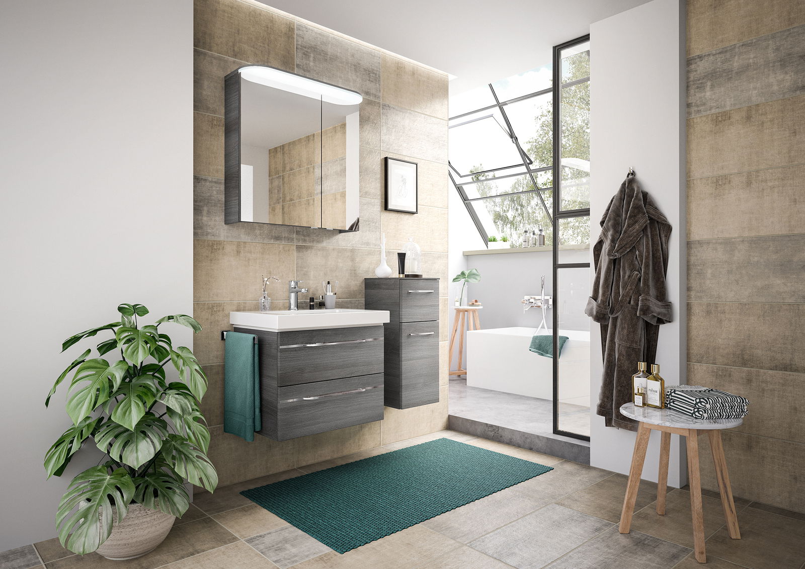 Modernes Badezimmer mit grauem Badblock, bestehend aus einem Waschbeckenunterschrank und einem hohen Schrank, beide in Holzoptik. Perspektive von vorne, mit Blick auf den Waschtisch und den Spiegel.