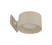 Beige Akku-Wandleuchte in seitlicher Perspektive mit rundem, modernem Design.