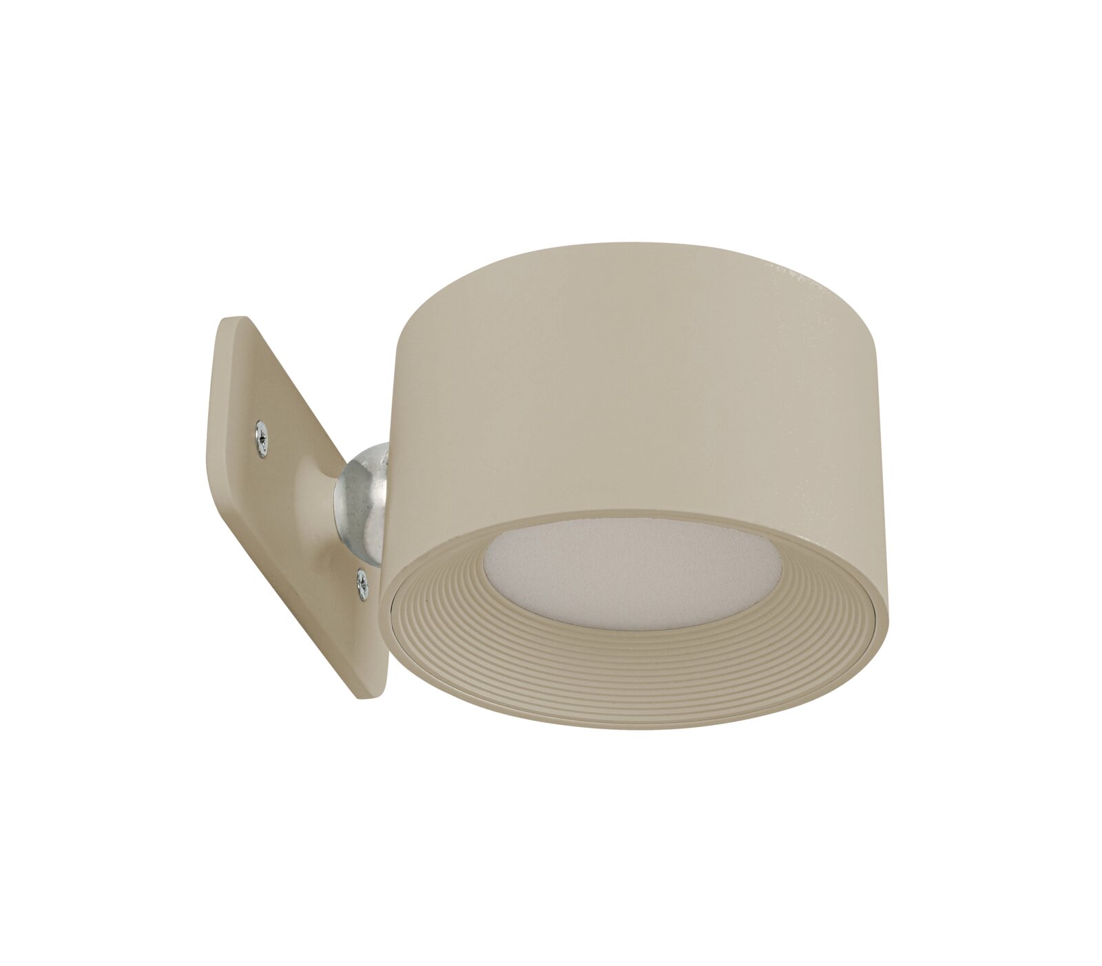 Beige Akku-Wandleuchte in seitlicher Perspektive mit rundem, modernem Design.