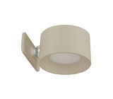 Beige Akku-Wandleuchte in seitlicher Perspektive mit rundem, modernem Design.