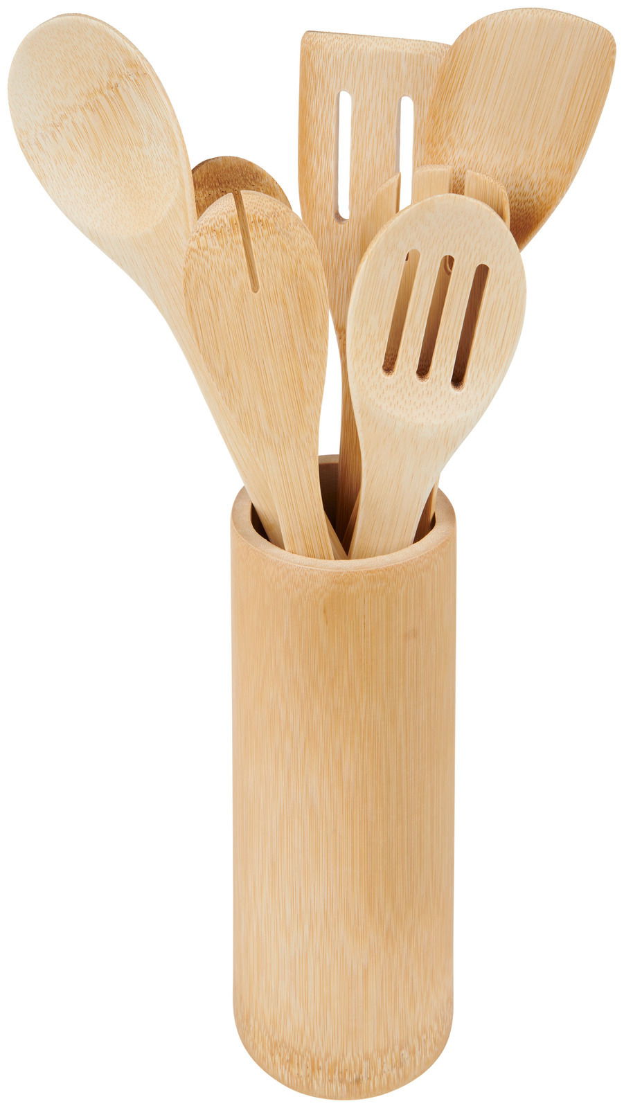 Bambus-Küchenhelferset in einem zylindrischen Halter, Ansicht von vorne