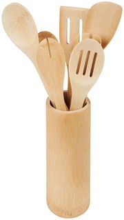 Bambus-Küchenhelferset in einem zylindrischen Halter, Ansicht von vorne