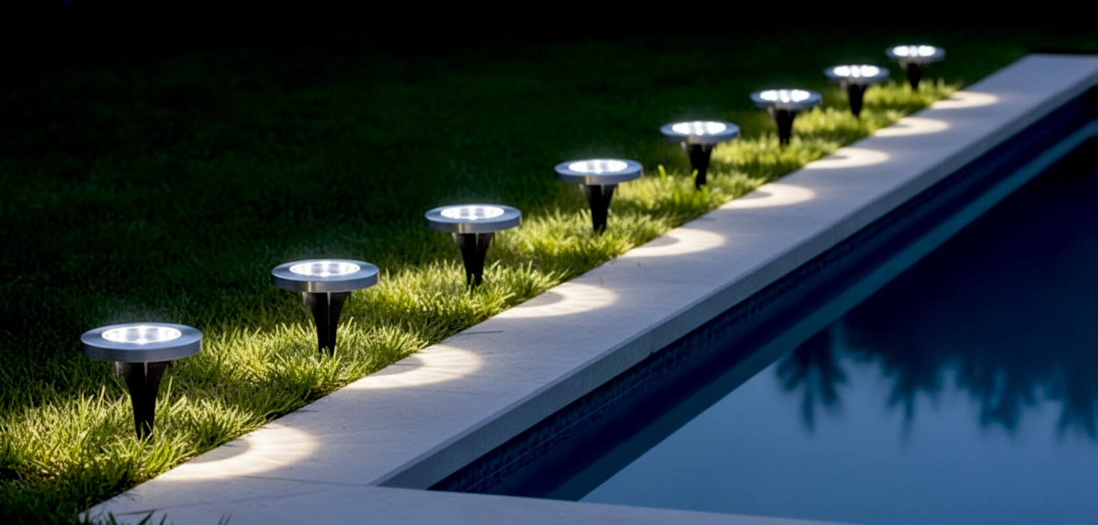 Reihe von runden LED-Solar-Gartenleuchten auf Erdspießen entlang einer Poolkante im Rasen, leuchtend bei Dämmerung, schräge Perspektive von der Seite
