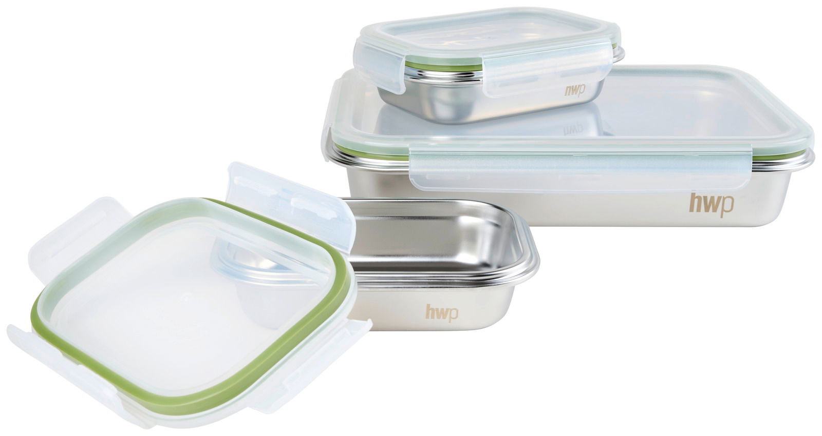 Vorratsdosenset aus Edelstahl mit transparenten Deckeln und grünen Dichtungen, seitliche Perspektive