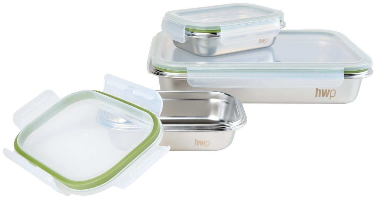 Vorratsdosenset aus Edelstahl mit transparenten Deckeln und grünen Dichtungen, seitliche Perspektive