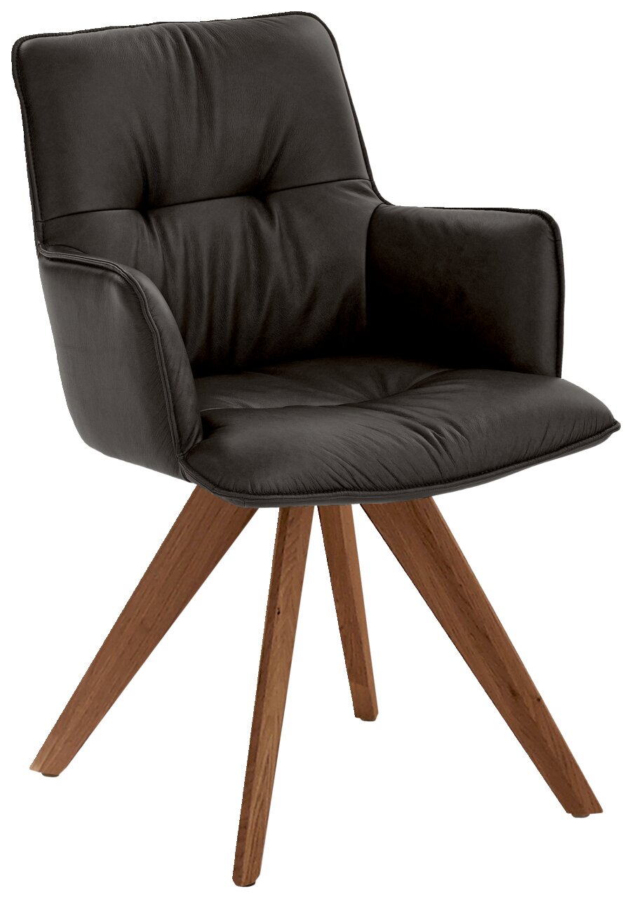 Moderner Design-Schalensessel mit schwarzem Polster und Holzbeinen, seitliche Perspektive